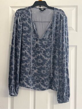 PAIGE Slate Blue Floral Velvet Tie-Detail Blouse